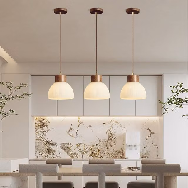 Modern Walnut Wood Effect Pendant Ceiling Lamp with White Glass Dome for Dining Rooms, Hallways and Kitchens, Height Adjustable
