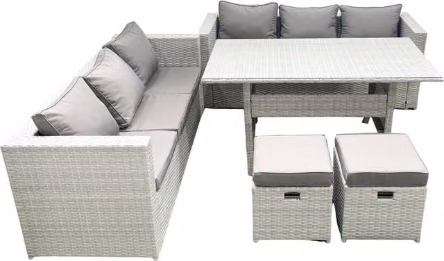 Fimous 8 Seater Rattan Garden Furniture Set with Dining Table and 2 Small Footstools in Light Grey
