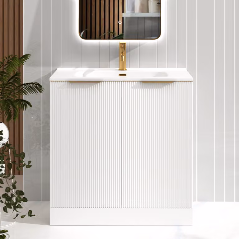 Royal Bathrooms Evora 800mm Matt White Fluted Floor Standing 2 Door Vanity Unit with Ceramic Basin and Brushed Brass Handles