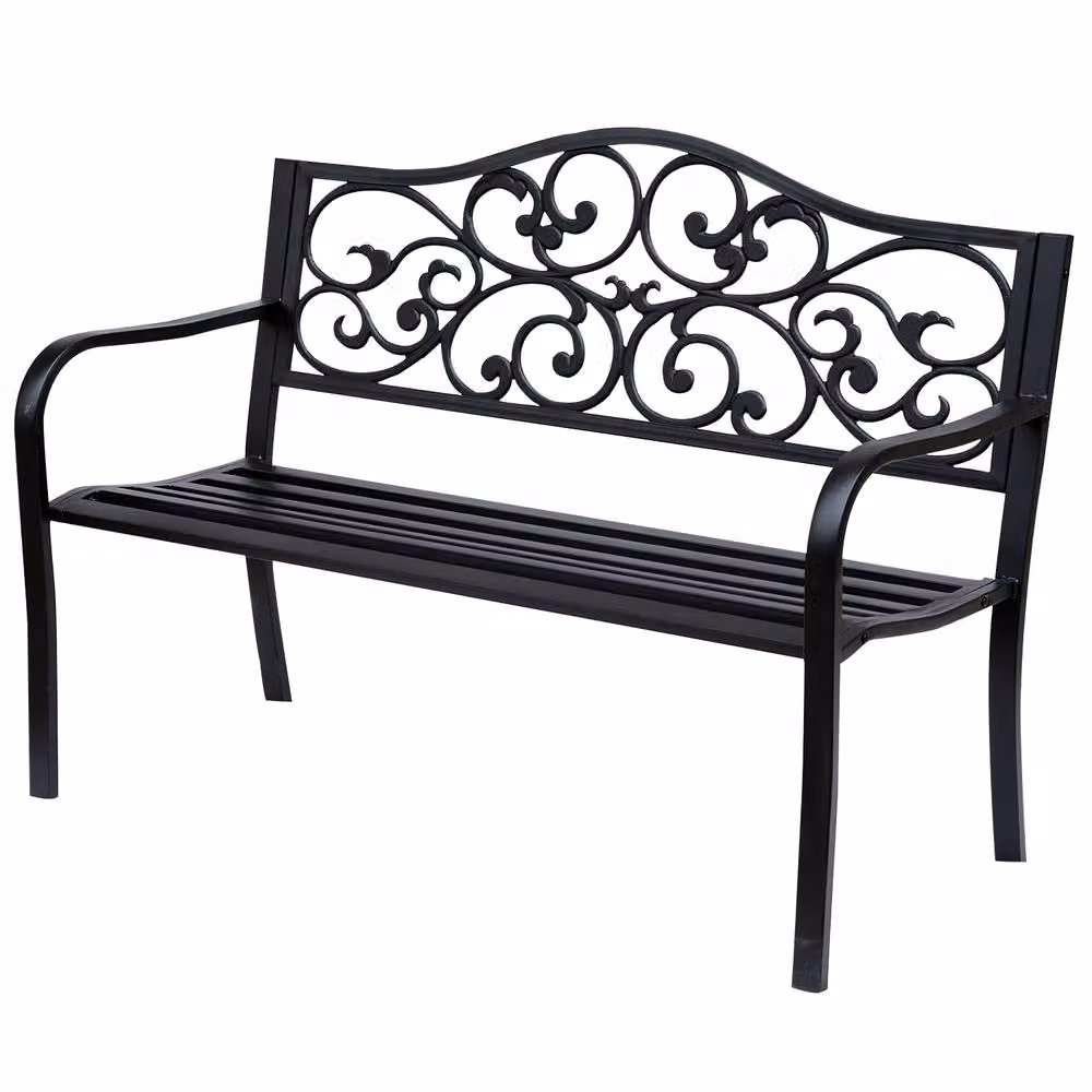OUTSUNNY Black Metal 2 Seater Garden Bench with Floral Back – 2