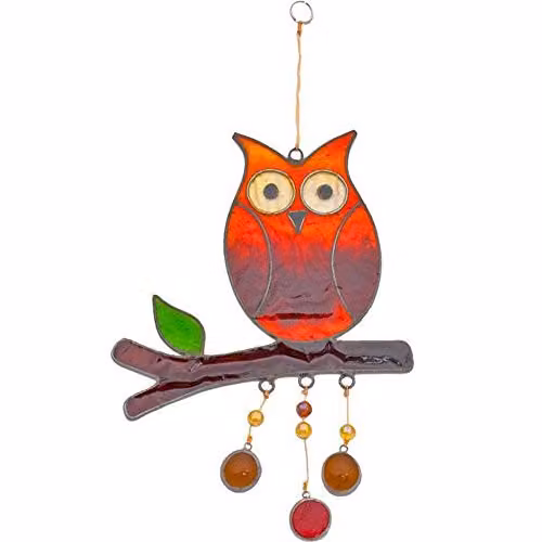 Something Different Owl On A Branch Glass Sun Catcher in Orange