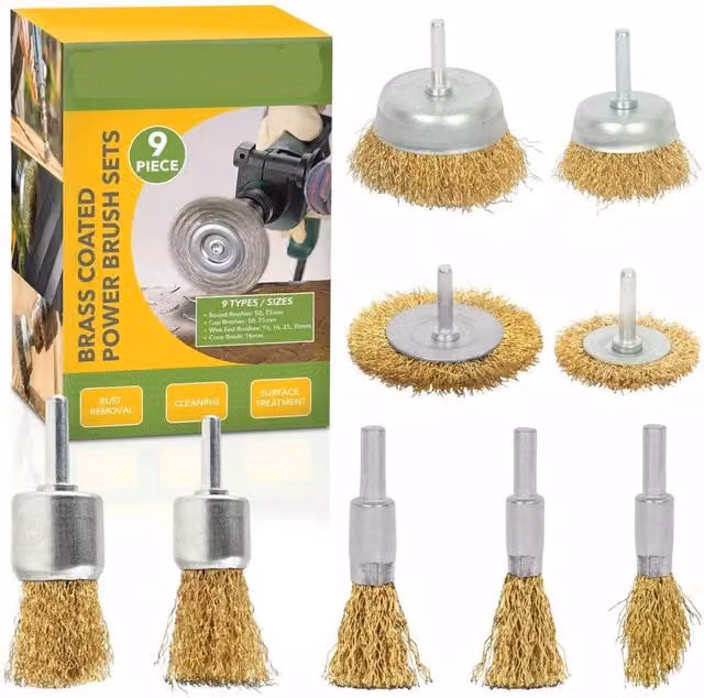 Havendro 9-Piece Brass Coated Steel Wire Drill Brush Set for Angle Grinders in Gold and Multicolour