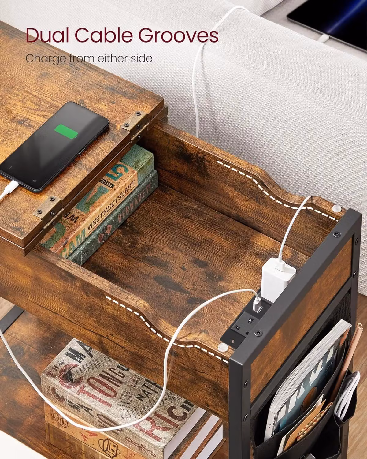 VASAGLE Modern Slim Side Table with Charging Station and USB Ports in Brown – 3
