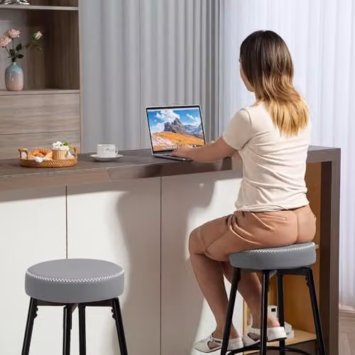 HOMCOM Set of 2 360 Degree Swivel Bar Stools in Grey Synthetic Leather with Footrest – 4