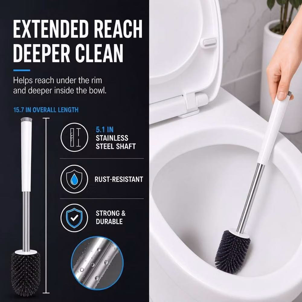 NESTLUNE Soft Silicone Bristle Toilet Brush and Holder with Stainless Steel Stand, White, H: 100 cm, W: 15 cm, D: 15 cm – 3