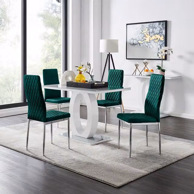 FurnitureboxUK Giovani Dining Set with Grey Rectangular Glass Table and 4 Green Velvet Milan Chairs