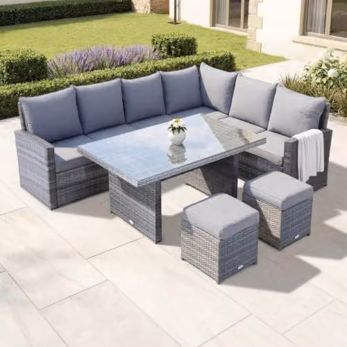 CHARLES BENTLEY 6 Seater L-Shape Rattan Dining Set in Grey with Matching Ottoman and Weatherproof Cushions, W/D/H: 196 x 72 x 87 cm – 2