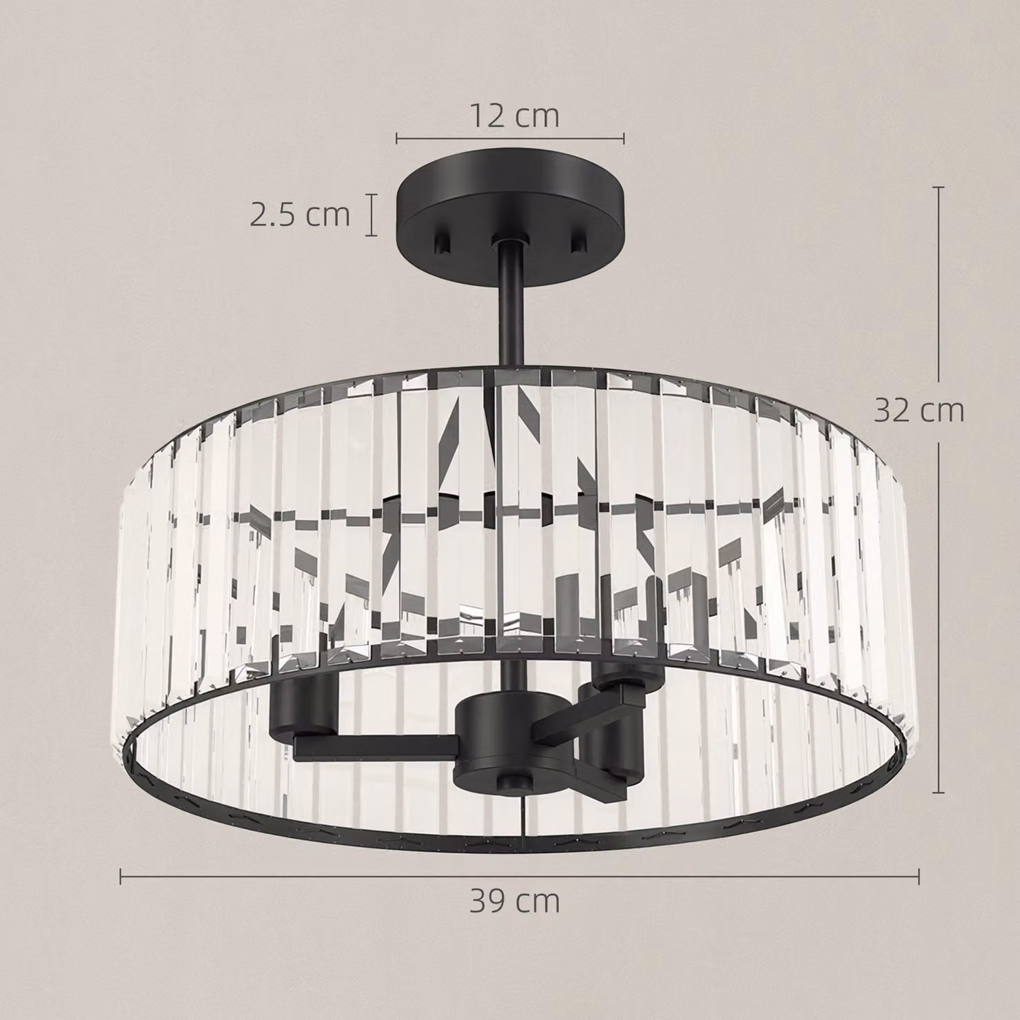 HOMCOM Modern Crystal Semi Flush Mount Ceiling Light, Black Metal with Transparent Crystal, 3 x E14 Base, W/D/H: 32 x 39 x 39 cm – 3