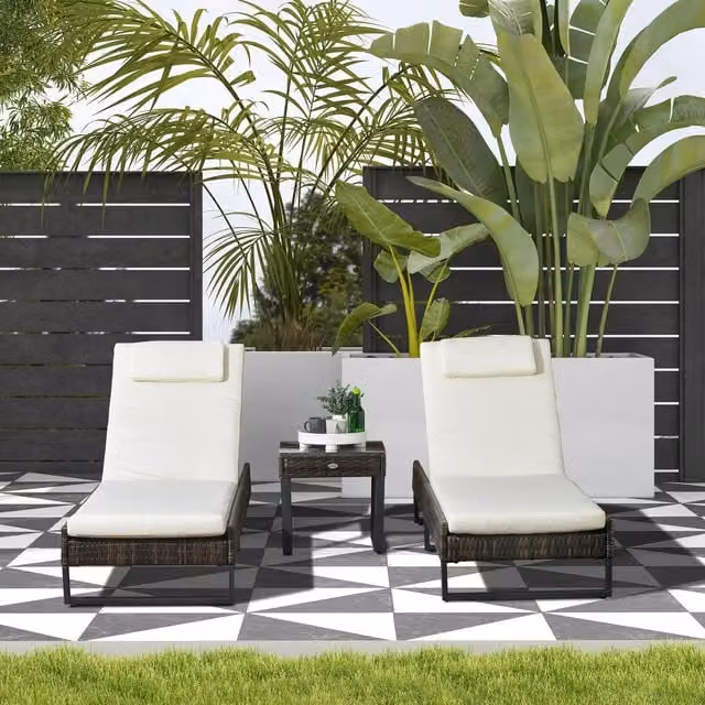 Outsunny 3-Piece Modern PE Rattan Sun Lounger Set with Cushions and Side Tray, Brown and White