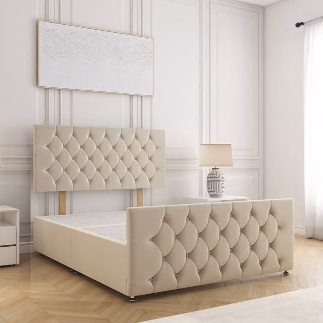 BSSPOKE Maya King Size Plush Velvet Divan Bed with 24 inch Headboard in Beige