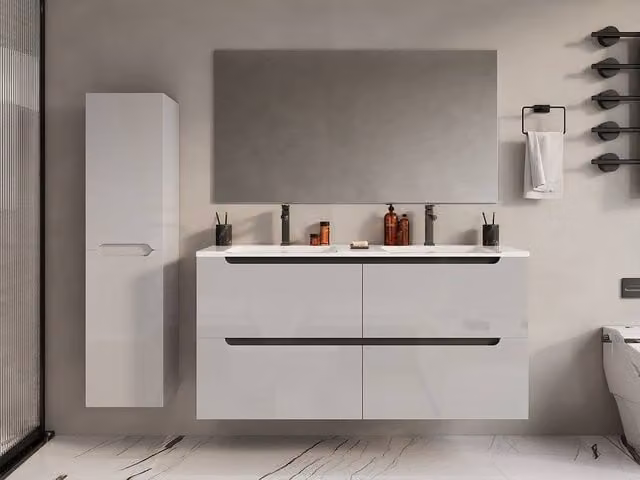 Vente-unique Modern White Lacquered Suspended Bathroom Vanity Unit and Tall Cabinet with Double Built-in Stone Basins, W/D/H: 120 x 46 x 57 cm – 1