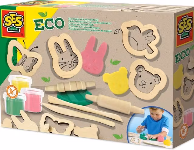 SES Eco Dough Modeling Clay Set with Wooden and Plastic Tools in Multicolour and White