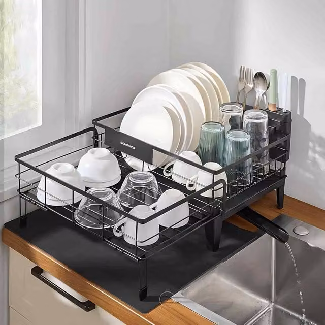 The Bazaarist Expandable Dish Drying Rack with Rotating Spout and Cutlery Holder, Black – 1