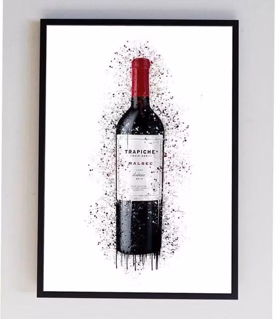 Pics and Squiggles Red Wine Malbec Bottle Splatter Print Abstract Graphic Paper Poster in Black, A5