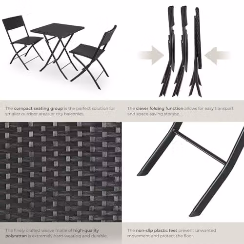 tectake 3 Piece Bistro Set with Foldable Poly Rattan Chairs and Table in Black – 4