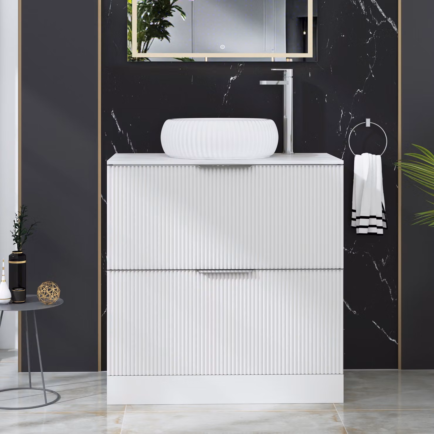 Royal Bathrooms Evora 800mm Matt White Fluted Floor Standing Countertop Vanity Unit with 2 Drawers and Milan Basin