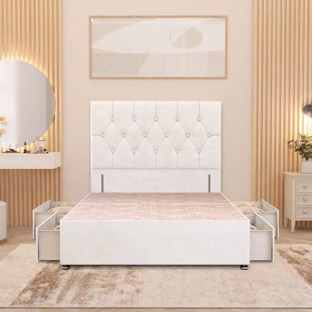 Somnior Beds Ltd Chesterfield Velvet Divan Bed Base with Drawers and Floor Standing Headboard, White, W/D: 180 x 200 cm