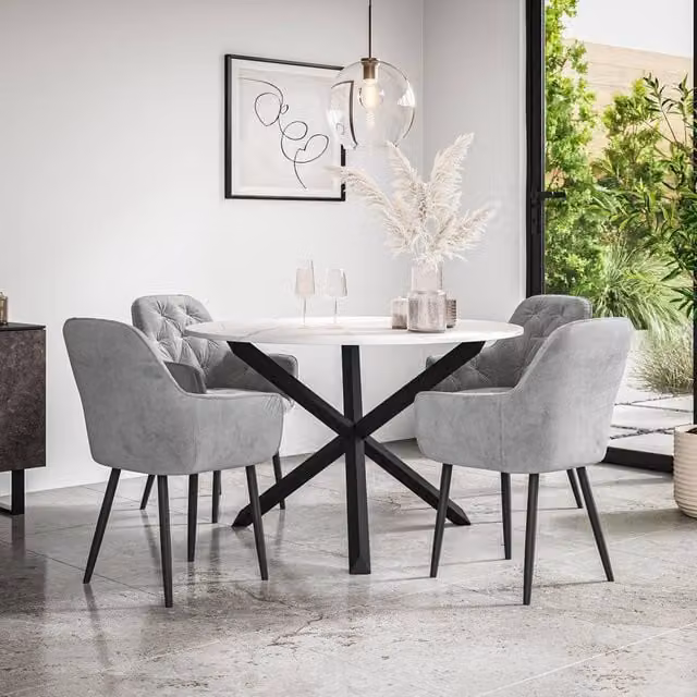 More4Homes Malvern Round Dining Table and Anika Grey Velvet Chair Set of 4, Oak Top with Black Legs – 1