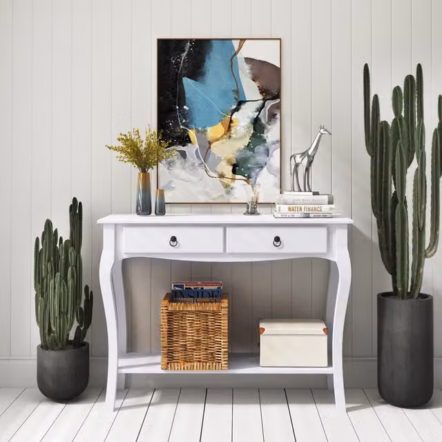 HOMCOM Classic Rectangular Console Table with Storage Shelves in White