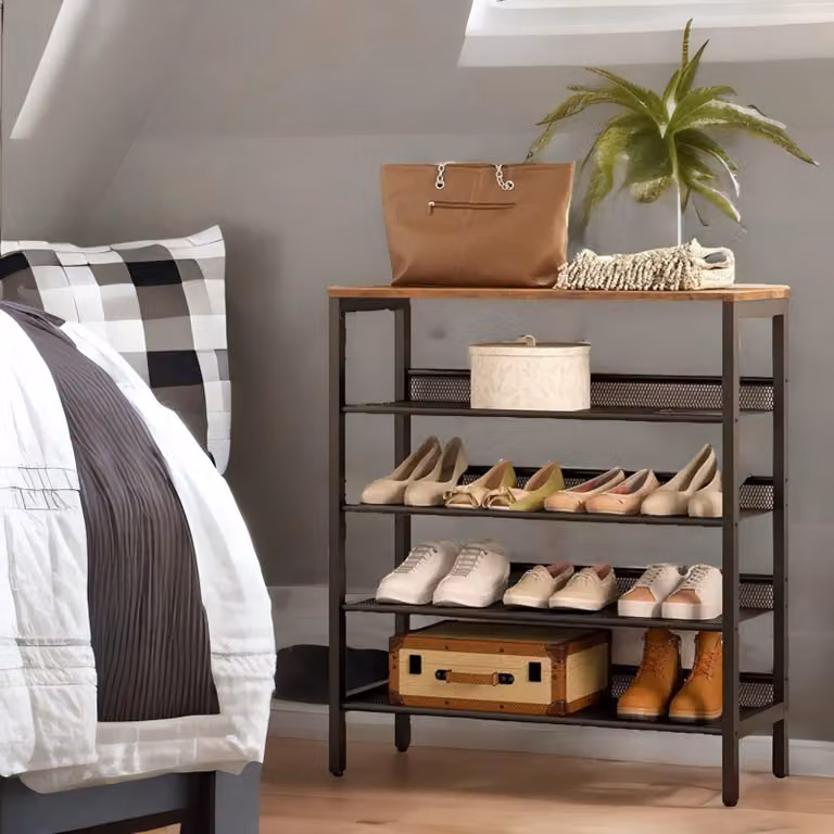 Rafaelo Mobilia 5-Tier Rustic Brown Wood and Metal Shoe Rack Organizer
