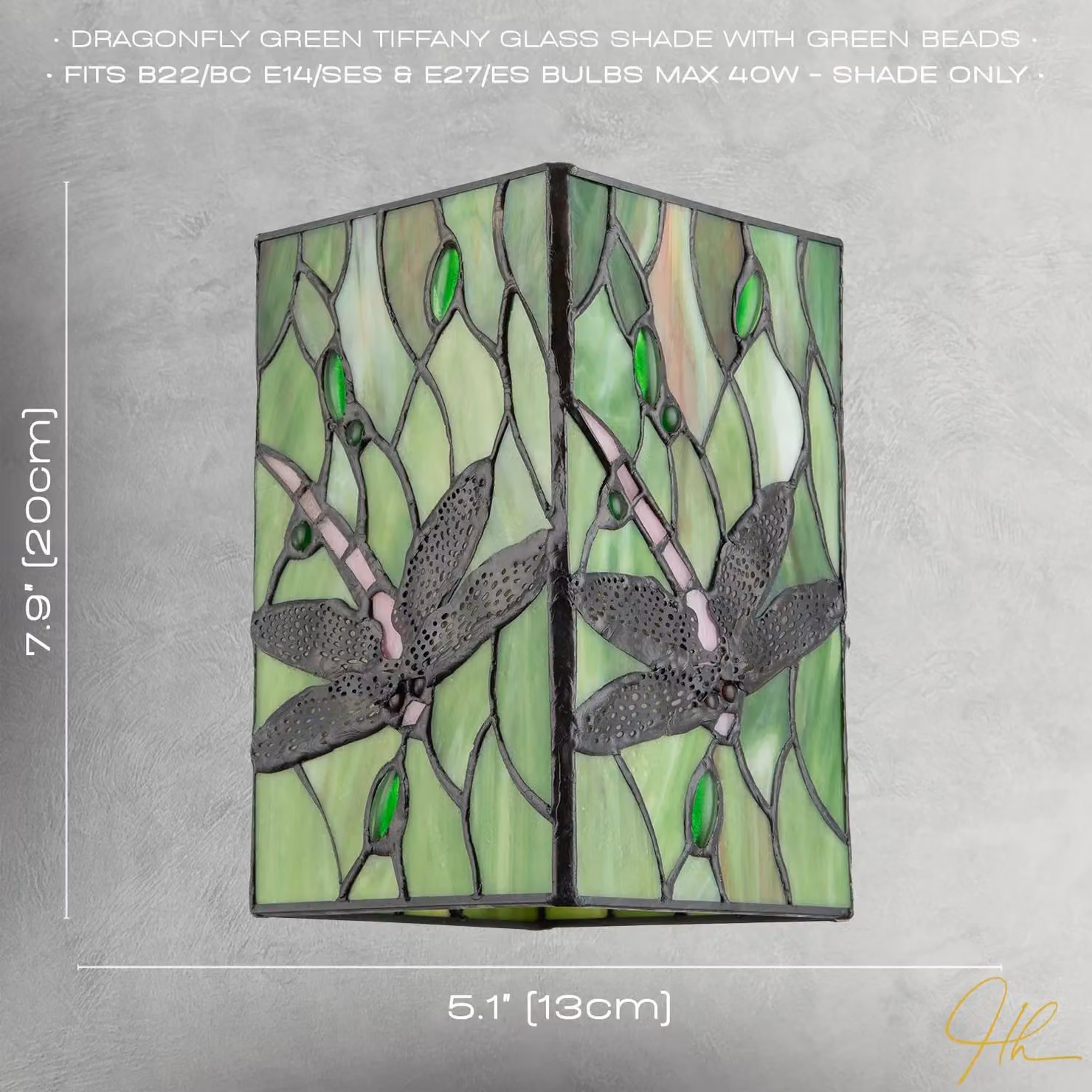 Happy Homewares Green Stained Glass Dragonfly Rectangular Tiffany Pendant Light Shade – 4