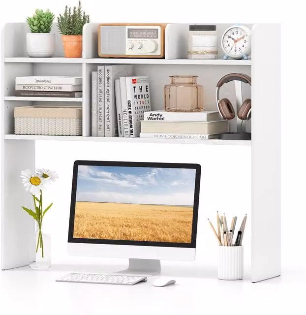 Costway 3-Tier Modern Desktop Bookshelf with Adjustable Shelves and Back Panel, White