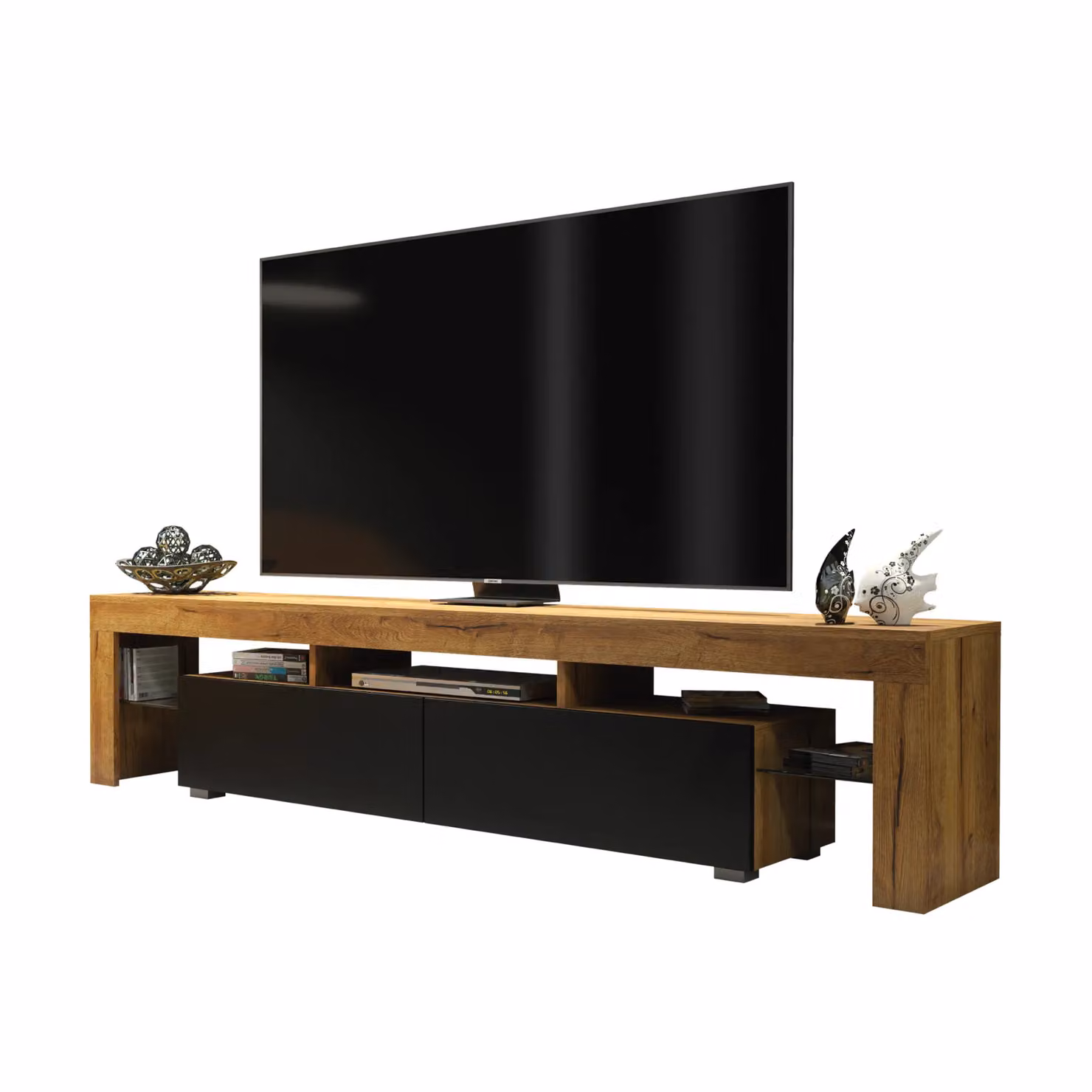 Creative Furniture Modern Oak TV Unit with Matt Black Doors in Brown, W: 200 cm, H: 45 cm, D: 35 cm – 2