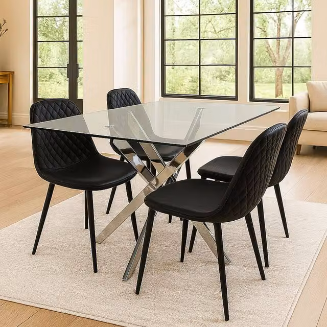 Kosy Koala Modern Rectangular Glass Dining Table with 4 Black Geometric Pattern Chairs