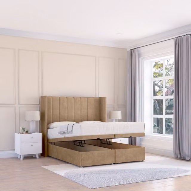 Sloomy Falcon Naples Single Fabric Ottoman Bed with Sprung Memory Mattress and Winged Floorstanding Headboard in Brown and Beige, W/D/H: 90 x 190 cm