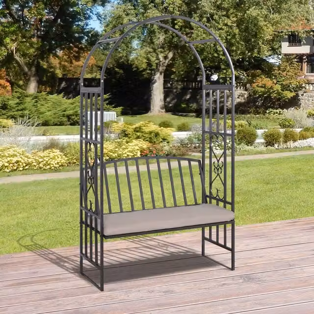 Outsunny Metal Garden Arbor Arch with Padded Bench Seat in Grey and Black