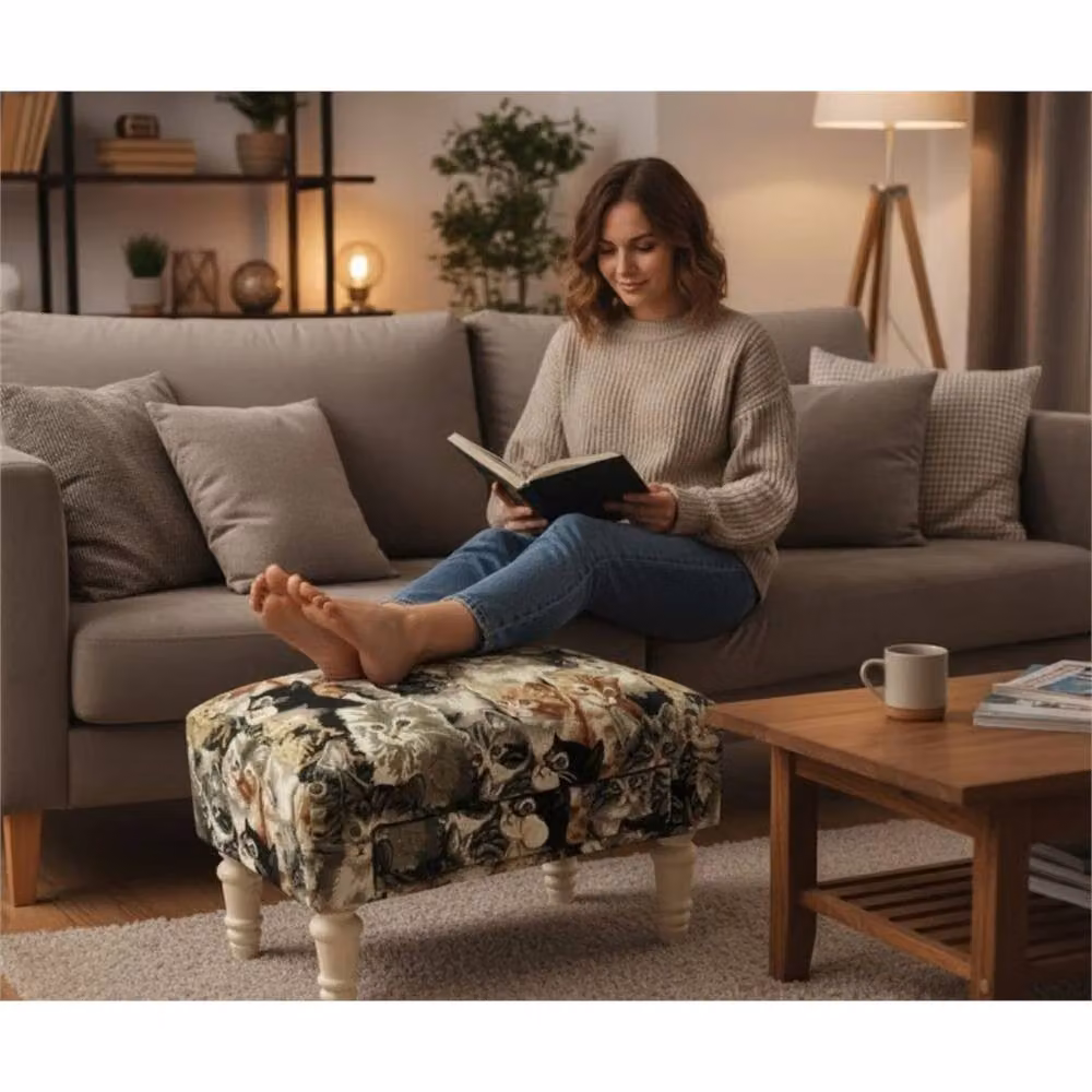 Nordara Multicolour Fabric Cat Pattern Ottoman Footstool with Drawer W: 100 cm, D: 60 cm, H: 60 cm – 2