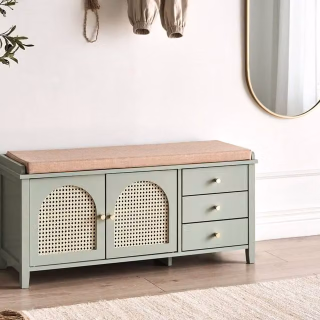 Wyld and Coco Green Boho Shoe Bench with 3 Drawers and Padded Fabric Seat