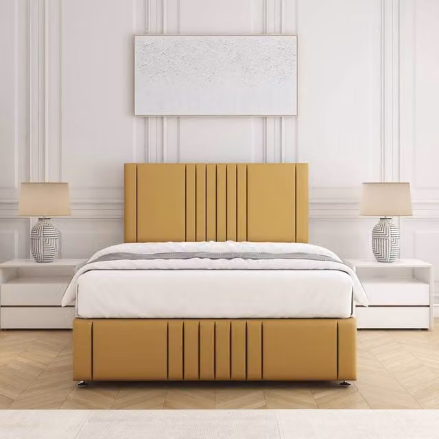 BSSPOKE Hazel Divan Bed Set with 24 inch Headboard and Mattress in Mustard Yellow Plush Velvet, W/D/H: 90 x 190 cm, Single