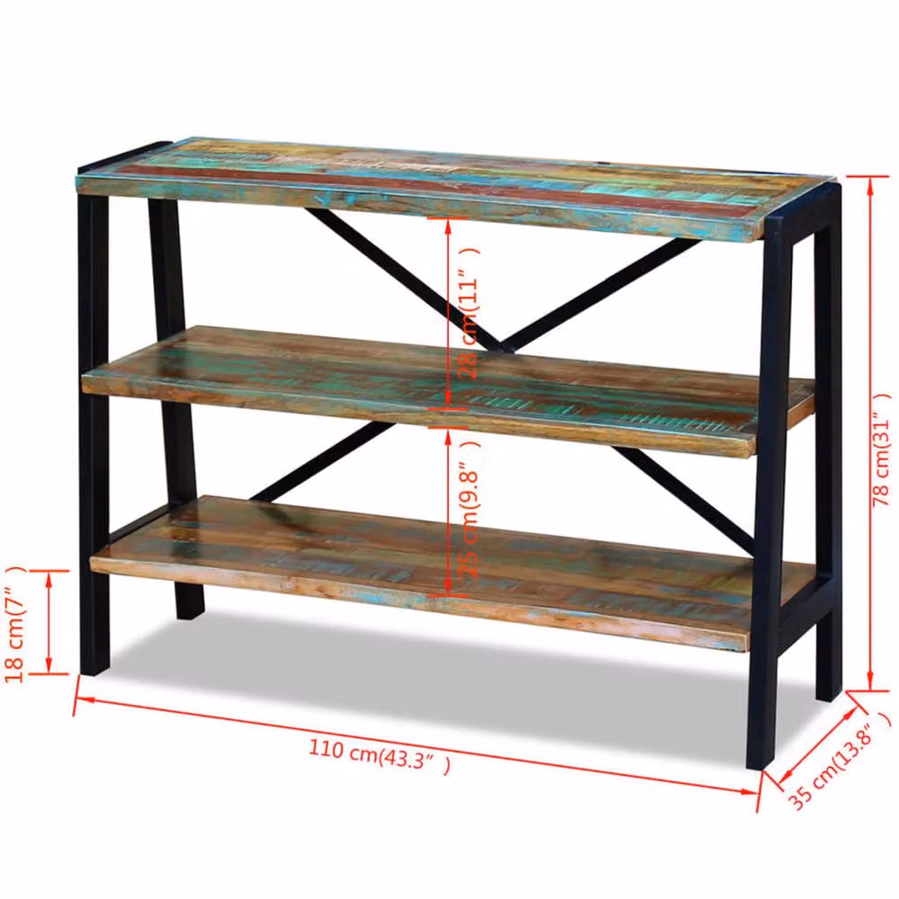 Berkfield Home Industrial Sideboard with 3 Shelves in Multicolour Waxed Reclaimed Wood and Metal, W/D/H: 78 x 35 x 35 cm – 4