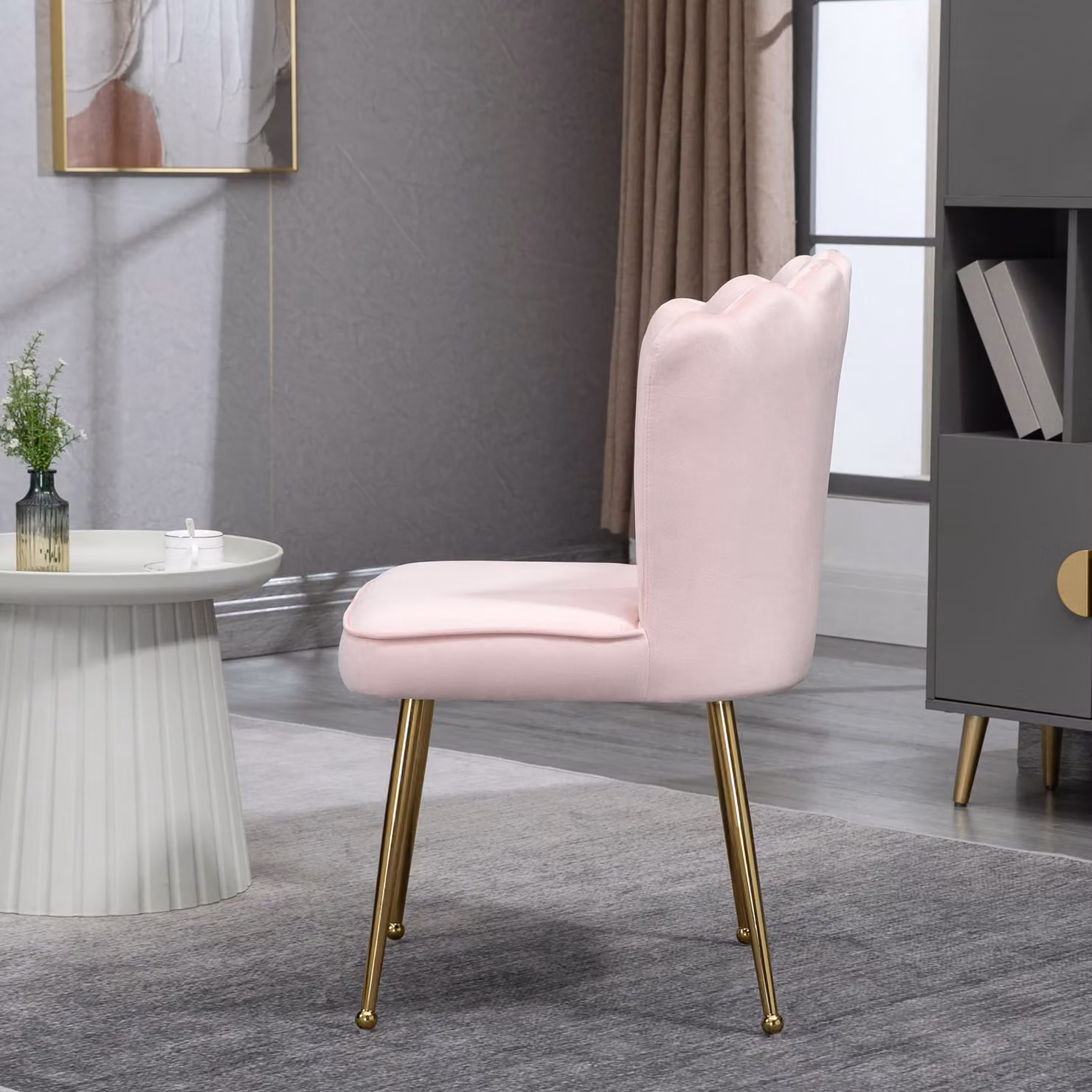 HOMCOM Set of 2 Pink Shell Luxe Velvet Accent Chairs with Gold Metal Legs – 4