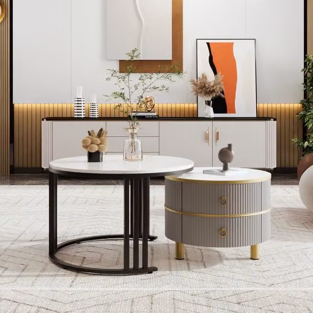 Home Touch Interiors Set of 2 Round Nesting Coffee and Side Tables with Glass Tops in Grey and Brown
