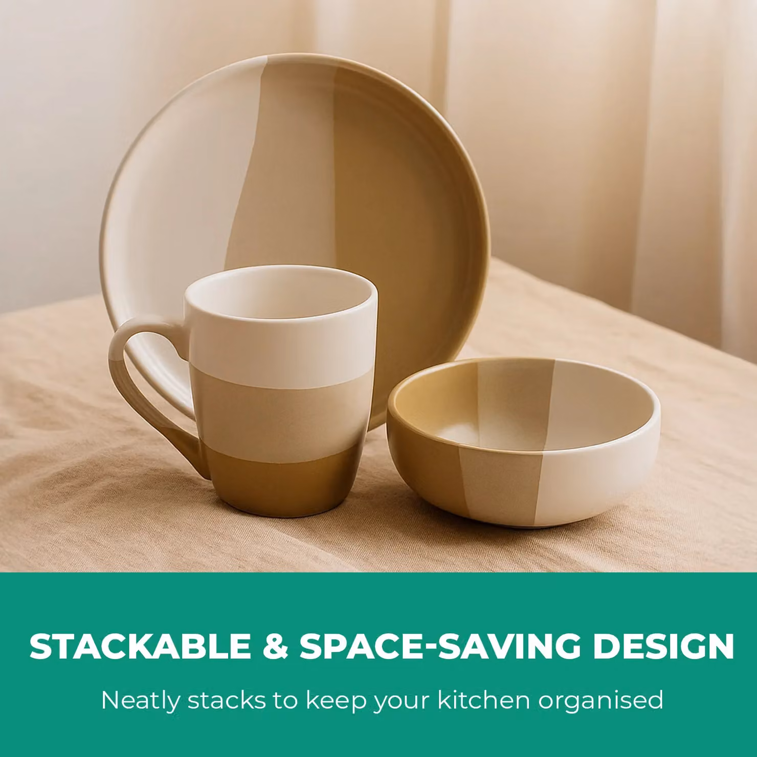 Royalford 16 Piece Stoneware Dinnerware Set in Beige, White and Brown, Microwave and Dishwasher Safe – 4