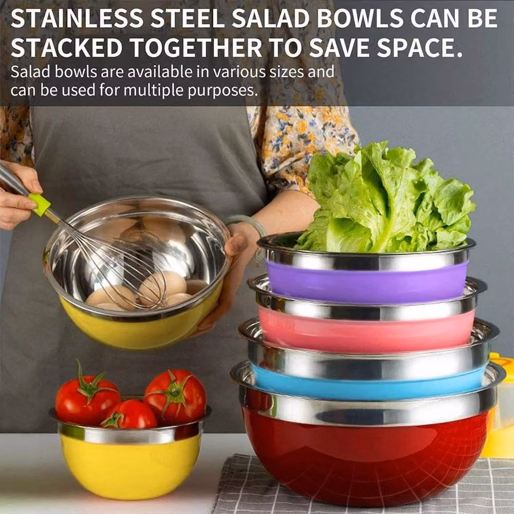 FLAVORA 5 Pack Stainless Steel Mixing Bowls with Lids, Silver and Multicolour, 1000ml each – 5