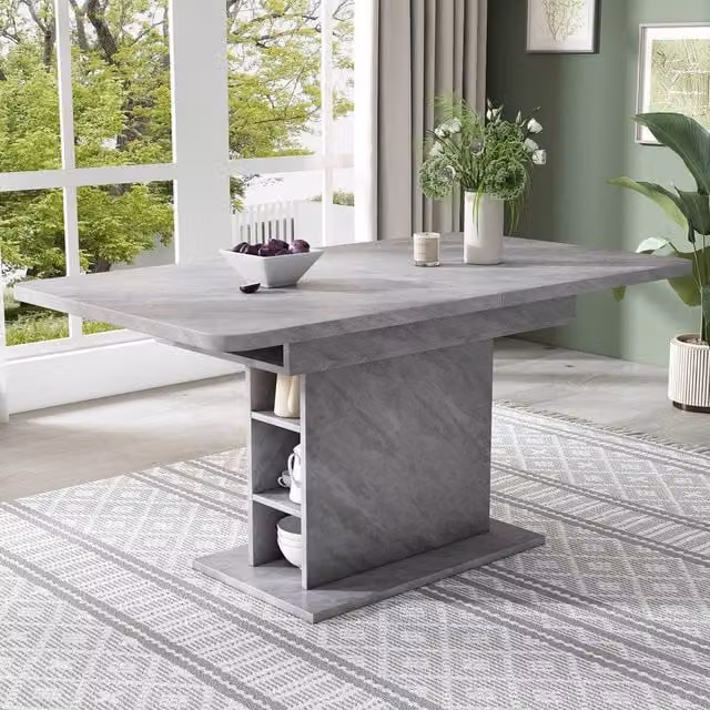 Merax Extendable Rectangular Dining Table in Grey with Built-In Storage and Metal Central Column – 1