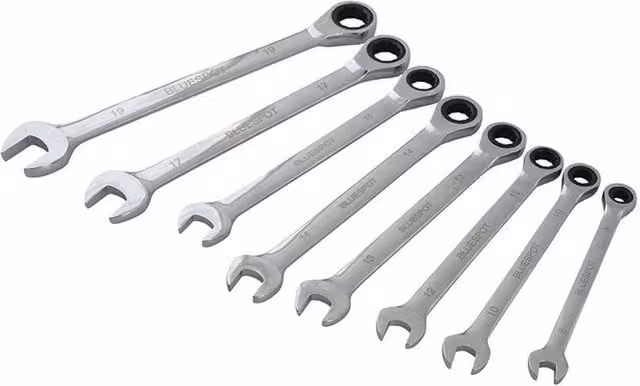 Bluespot Tools 8 Piece Chrome Vanadium Steel Ratchet Spanner Set in Silver and Multicolour