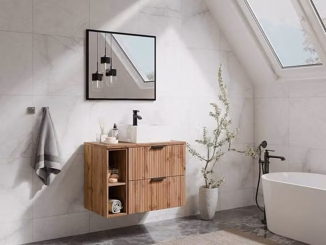 Vente-unique Suspended Striped Bathroom Vanity Unit with Niches in Light Oak