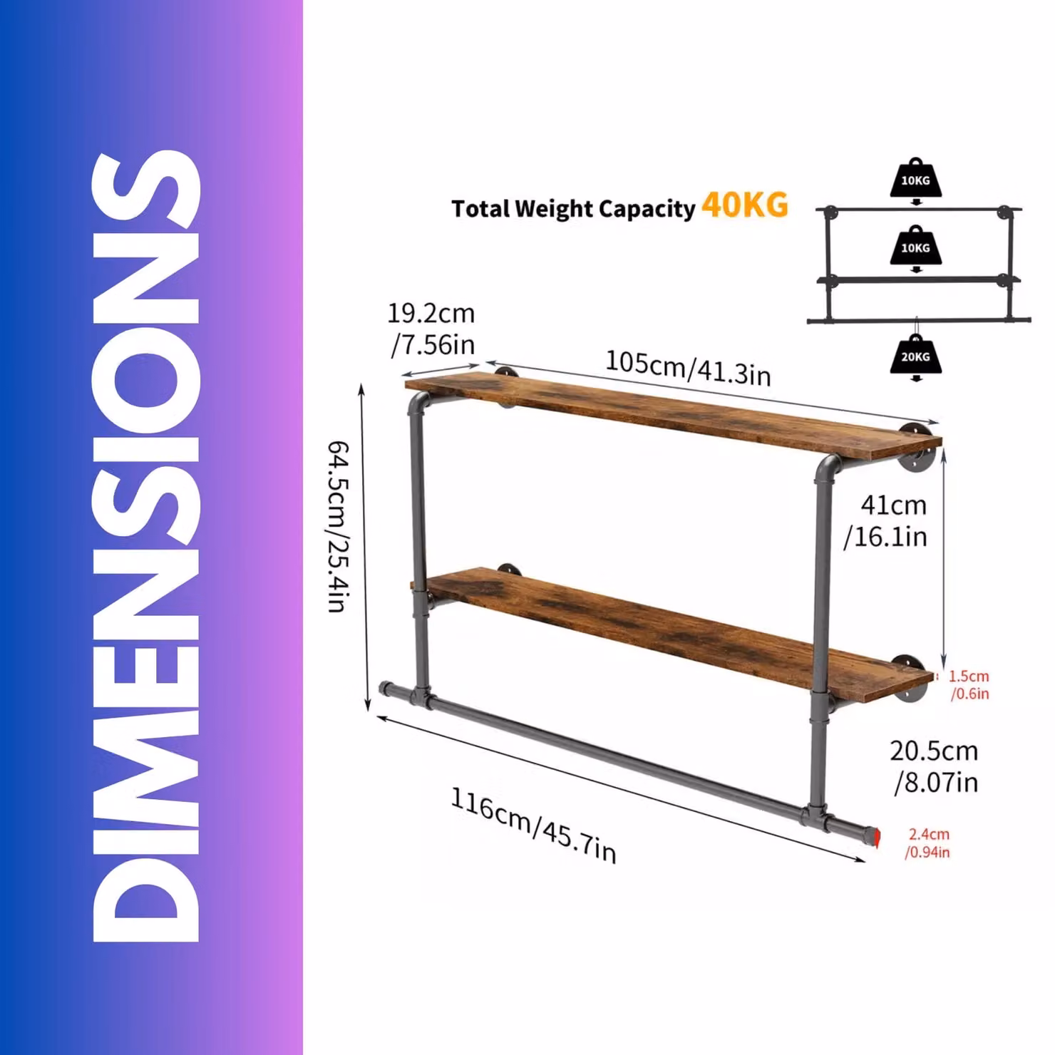 Pirlo Plush Industrial Heavy Duty Pipe Wall-Mounted Floating Shelves with Hanging Rail in Brown and Black – 3