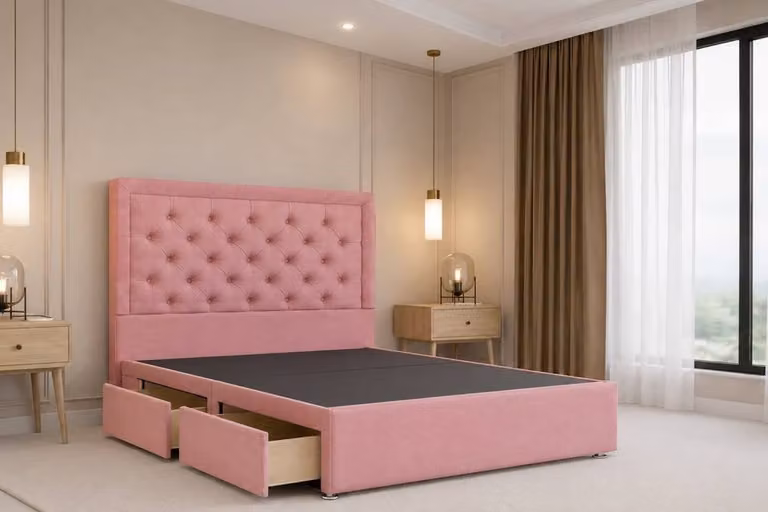 Chester & Oakley Valencia Plush Divan Bed Base with 2 Drawers and 54 inch Headboard, Pink Velvet, W/D/H: 200 x 200 cm