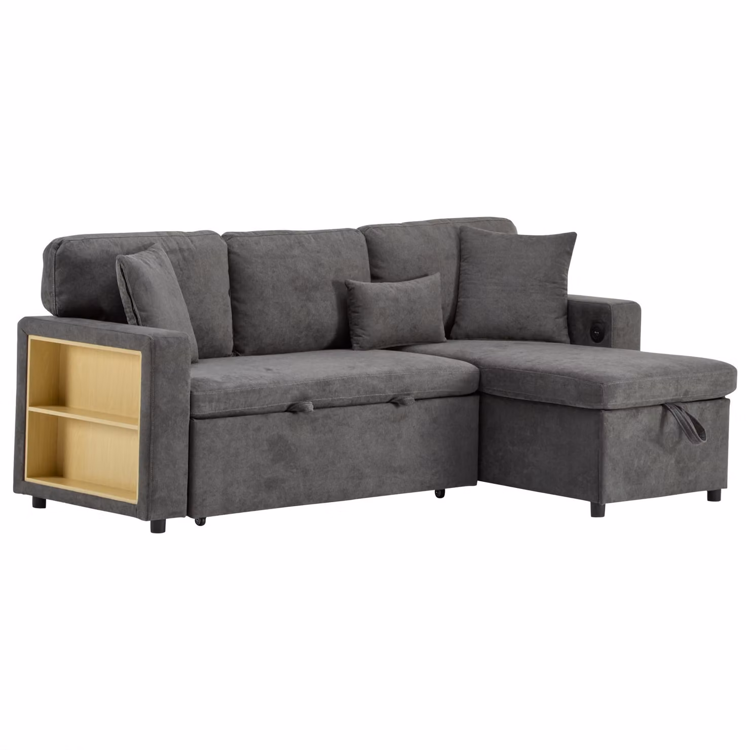 Aosom UK L-Shaped Corner Sofa Bed in Dark Grey Oxford Fabric with Extendable Bed Box, Integrated Shelf and USB Port, W/D/H: 131 x 214 x 87 cm – 2