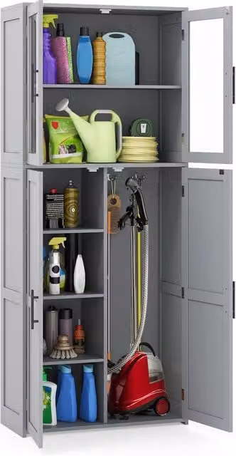 Gymax Freestanding Utility Broom Closet Storage Cabinet with Hinged Doors and Internal Shelves in Grey