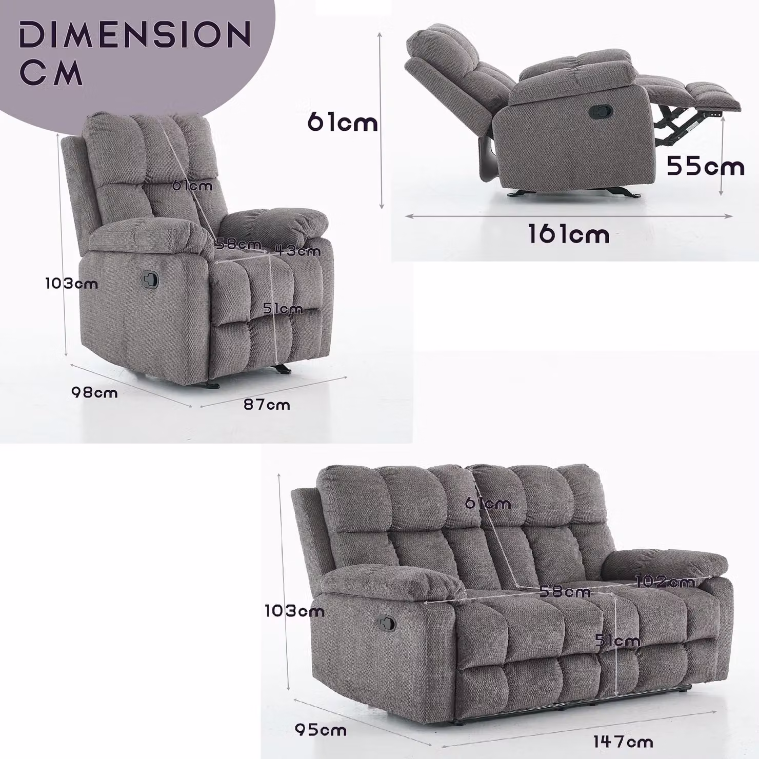 FURNITURE ONE Grey Fabric Manual Recliner Sofa Set with 2 Seater and 3 Seater Pieces – 2