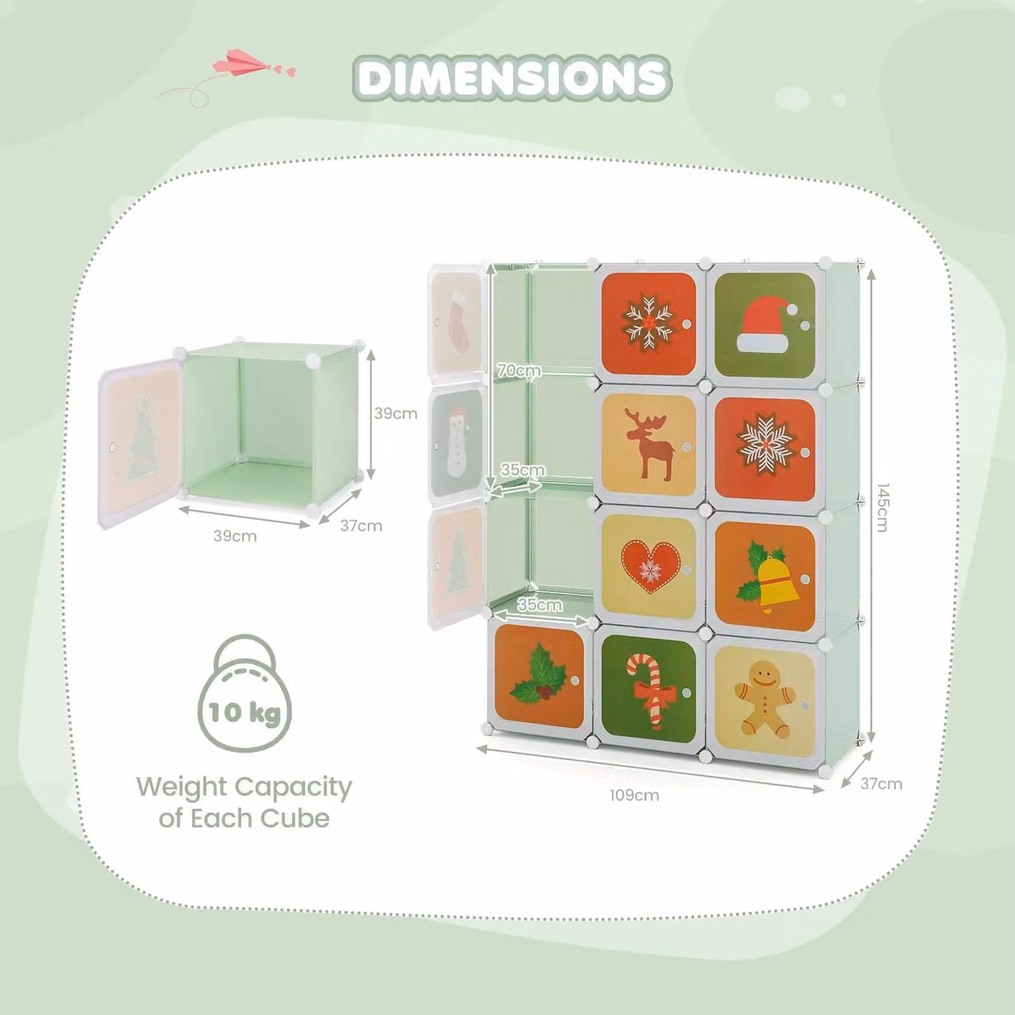 Gymax Portable 12-Cube Childrens Wardrobe and Baby Dresser with Hinged Doors in Green – 2