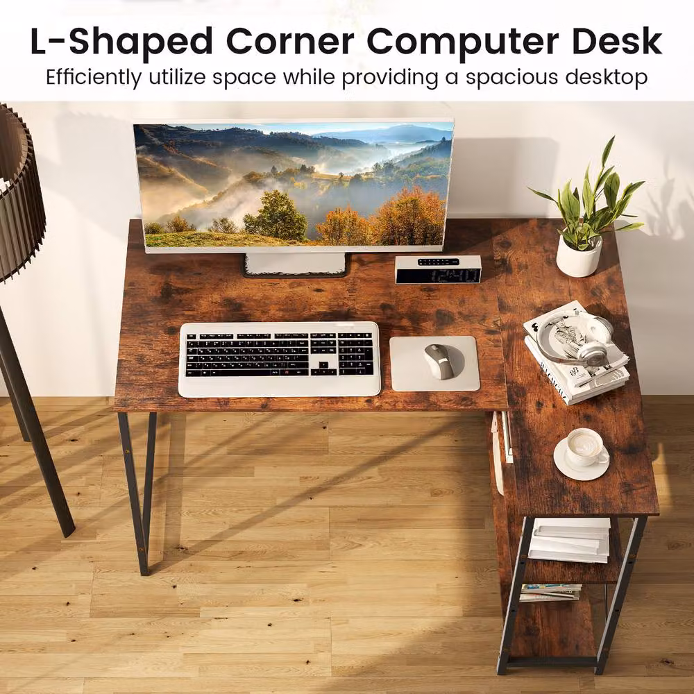Gymax L-shaped Reversible Corner Computer Desk with Adjustable Shelf in Brown – 3