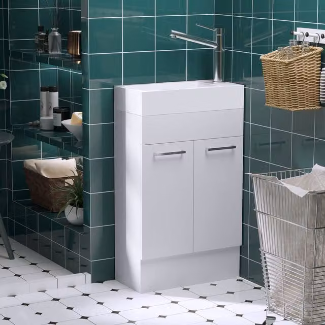 kleankin Modern Corner Bathroom Vanity Unit with Glossy White Hinged Doors
