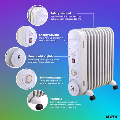 MYLEK 2.5kW Oil Filled Radiator Heater, White, Freestanding with Thermostat and 24-Hour Timer – 2